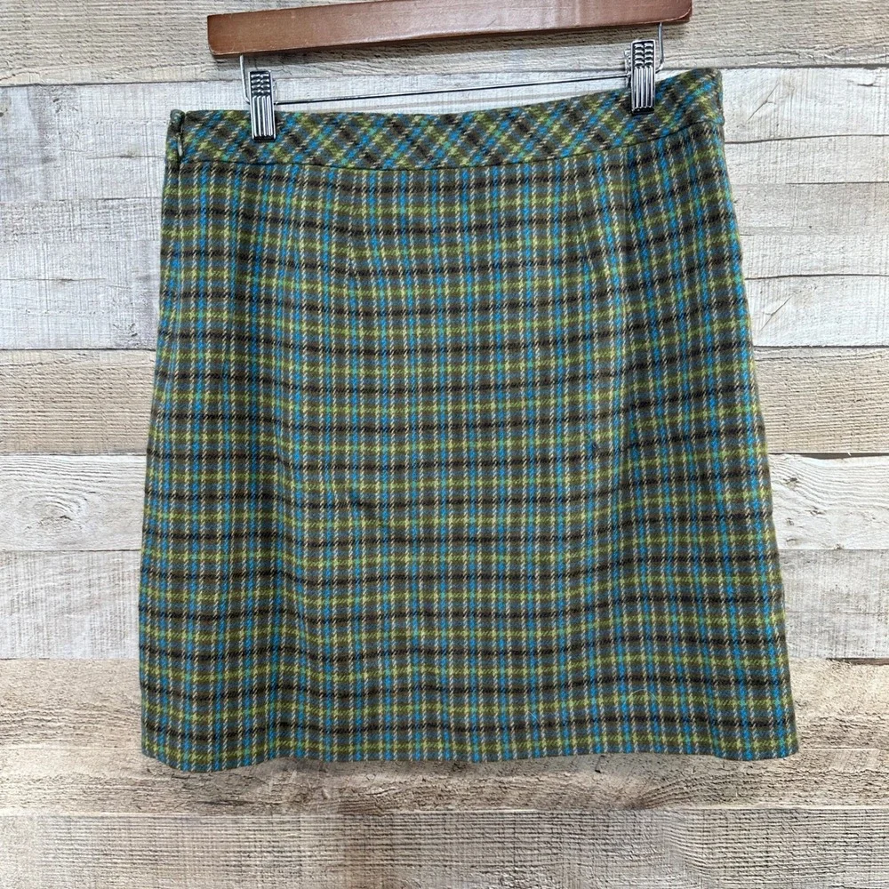 Talbots Petite Wool Blend Faux Wrap‎ Fringe Plaid Skirt Olive Blue Green 10P